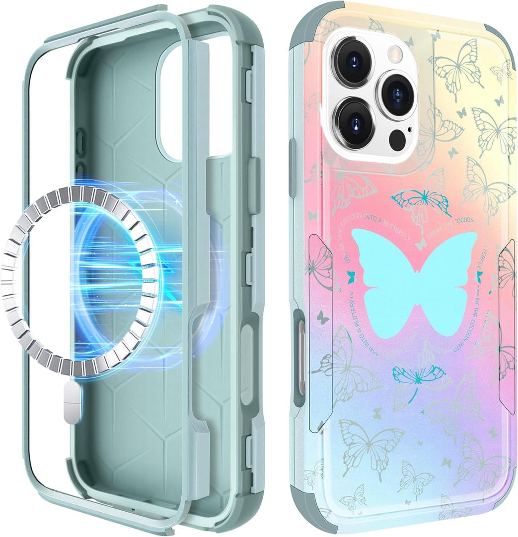 for iPhone 16 Pro Case - Compatible with MagSafe Women Girls Cute Magnetic Protective Phone Cover Girly Butterfly Pretty Heavy Duty Shockproof Funda for Apple 16 Pro Cases