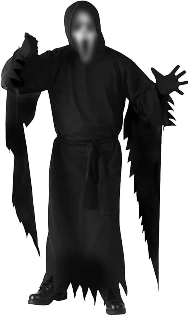 DreamJ Horror Scary Halloween Costume with Mask - Black Hooded Outfit for Adult Men Women, Cosplay Scary Costume (X-Large)