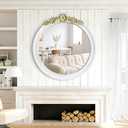 White Round Wood Mirror 28 Inch, Large Rustic Boho Coastal Wall Decor with White Wood Frame and Gold Metal Carved Accents, Farmhouse Decorative Mirror for Entryway, Bedroom, Living Room, Bathroom