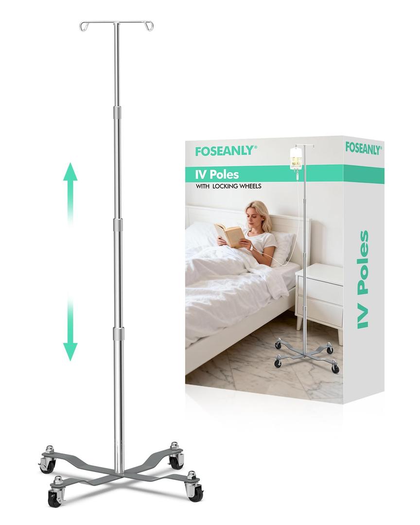 IV Pole with Wheels, Adjustable IV Stand 30–84″ (76–213 cm), Dual IV Bag Hooks, Weighted Base Ø23″ (58 cm), Lockable Casters, Chrome-Plated Steel, 14 lb Max