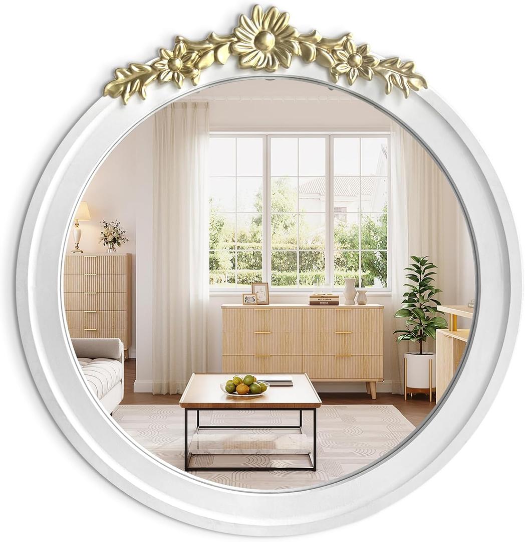 White Round Wood Mirror 28 Inch, Large Rustic Boho Coastal Wall Decor with White Wood Frame and Gold Metal Carved Accents, Farmhouse Decorative Mirror for Entryway, Bedroom, Living Room, Bathroom