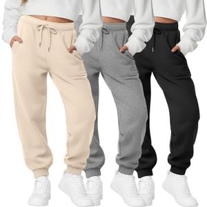 3 Pack Girls Sweatpants Joggers Baggy Ribbed Cuff Elastic Waist Drawstring for Kids Casual Teen Pants with Pockets (Large, Beige Apricot, Light Gray, Black)