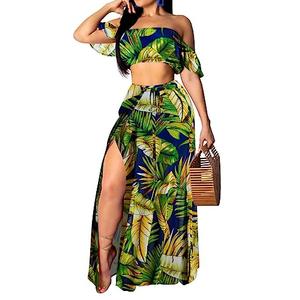 Elegant Two Piece Maxi Dress for Women Vacation Sexy Off Shoulder Top Side Slit Long Skirt Swimsuit Cover Ups Sets Beach Party with Drawstring(Medium)