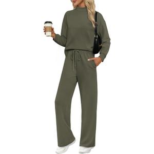 WIHOLL Two Piece Sets for Women Spring Outfits Lounge Sets Mock Neck Tops Wide Leg Pants Vacation Travel Airport Outfits, Green, Small