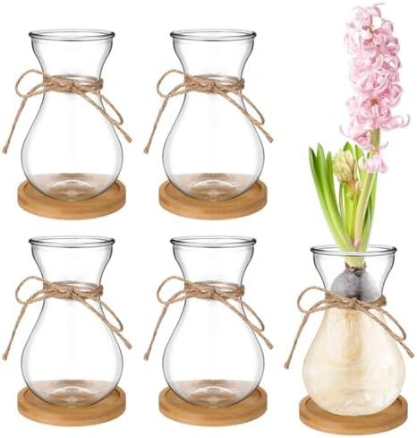 Bulb Glass Vases for Flowers Forcing Hyacinth Clear Decorative Bulb Vase with Round Bamboo Coaster for Home Office Table Decoration(4 Pcs)