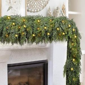 9FT Thick Christmas Garlands with 240 Cedar Branches, 50 Lights, Green Cedar Garland for Christmas Decorations, Artificial Greenery Garland for Table Mantle Wall Indoor Outdoor Holiday Decor (Cedar Pre-lit 9FT Ultra Full (1200 Tips)