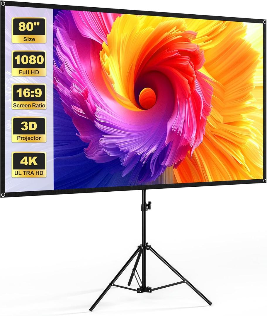 Portable Projector Screen with Stand, TWjouko 80 Inch Projection Screen, Tripod PVC Projector Screen with Carrying Case for Indoor&Outdoor Movie Night, Wrinkle-Free,16:9,4K HD