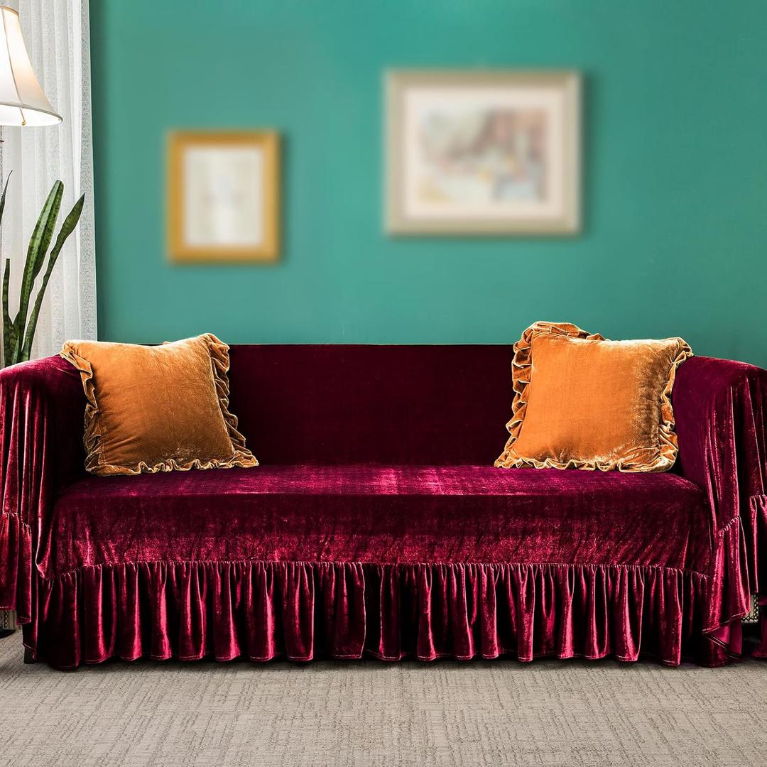 GLORY SEASON Velvet Sofa Cover Soft Decorative Luxurious Solid Exquisite Ruffle Trim,Retro Farmhouse Vintage Sofa Slipcover Couch Furniture Protector for 2-3 Cushion Sofa 1PC 71"x118" Amaranth