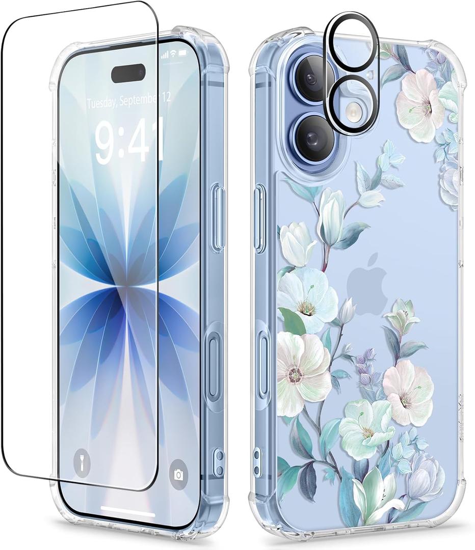 GVIEWIN for iPhone 17 Case, with Screen Protector+Camera Lens Protector, [NonYellowing] Clear Floral Slim Shockproof Protective Hard PC Back Women Phone Case for iPhone 17 6.3", Hibiscus