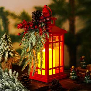 Baquler Christmas Lanterns Decorations 14 Inch Red Decorative Lantern Battery Powered Lanterns Decor Vintage Lantern Hanging Metal Indoor for Holiday Christmas Table Decor