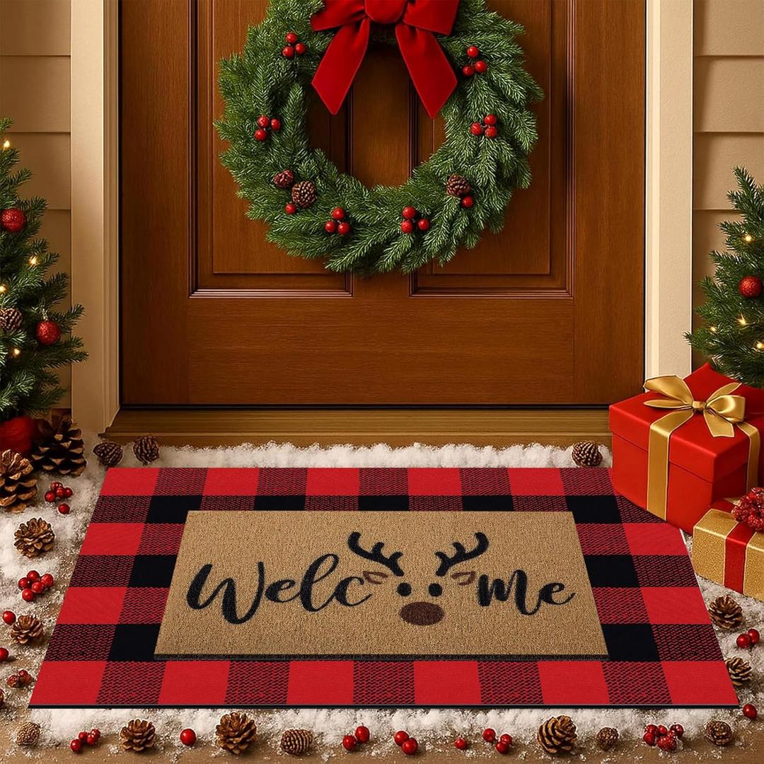 Tinideya 2 Pcs Christmas Door Mat Brown Elk Welcome Non Slip Coir Mats Merry Xmas Black Red Buffalo Plaid Floor Layering Doormats Seasonal for Front Porch Entryway Decor(Brown Elk)