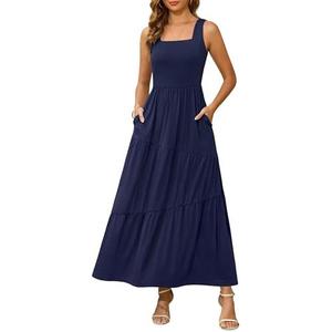 Kranda 2025 Summer Sleeveless Long Beach Sundress Square Neck Tank Top Tiered Maxi Dress with Pockets S