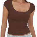 Artfish Women's Short Sleeve T-Shirts Low Scoop Neck Slim Fitted Ribbed Knit Casual Longer Crop Top (X-Large, Brown)