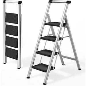 Step Ladder 4 Step Folding, Stainless Steel 4 Step Stool for Adults
