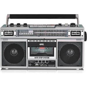 QFX J-220BT Silver Boombox MP3 Conversion from Radio to Cassette with 4-Band (AM, FM, SW1, SW2) Radio with Bluetooth, Dual 3" Speakers, Built-in Microphone, Recorder, 3-Band Equalizer
