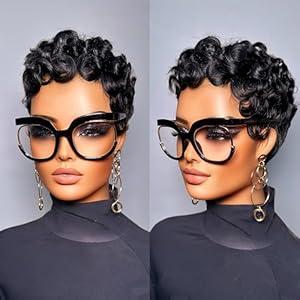 SisBroSis Short Curly Human Hair Wig Pixie Cut Wigs for Black Women Short Layered Curly Pixie Cut Wigs With Bangs Natural Black Color for Daily Use Glueless Full Machine Made Wig (natural black)