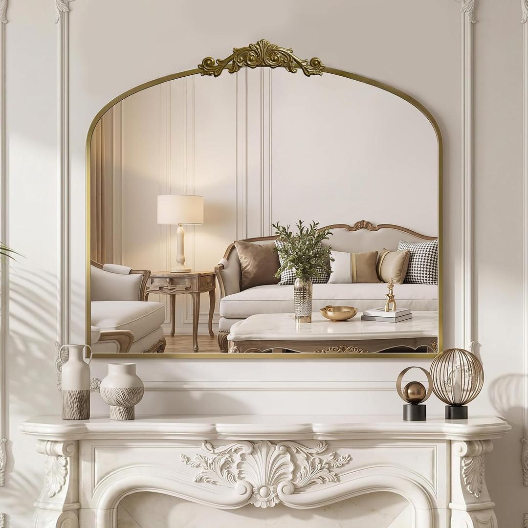 Arched Wall Mirror, 30" x 36" Vintage Carved Bathroom Mirror with Antique Bronze Aluminum Frame, Retro Decorative Wall Mirror for Bedroom, Living Room, Entryway, Fireplace & Hallway