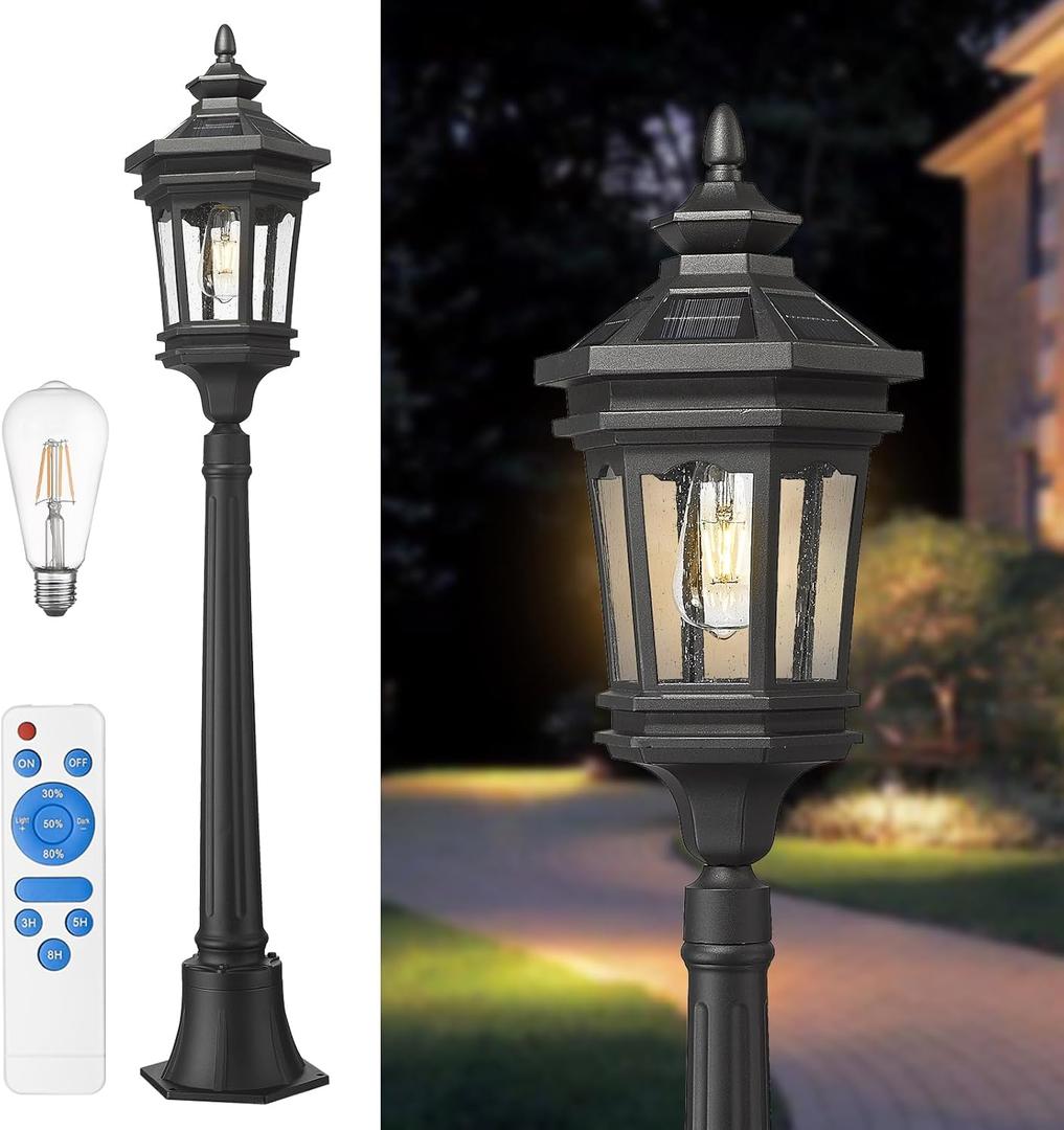 Darkaway 48inch Solar Post Lights Lamp Outdoor Light Fixture, Dusk to Dawn Aluminum Lamp Post with Remote and Pole Mount Base, Solar Path Lighting for Garden Patio Pathway (43.5inch, Black-S25)