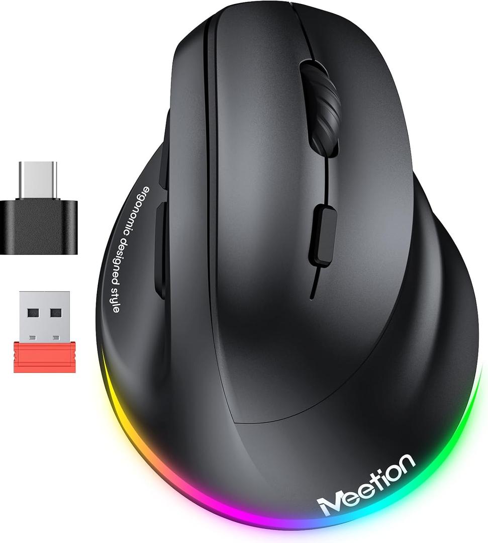 MEETION Ergonomic Mouse, Wireless Vertical Mouse RGB Backlit Rechargeable Mice for Bluetooth(5.2 + 3.0) & USB-A with USB-C Adapter 4 Adjustable DPI for Mac/Windows/Android/PC/Tablet/iPad Black