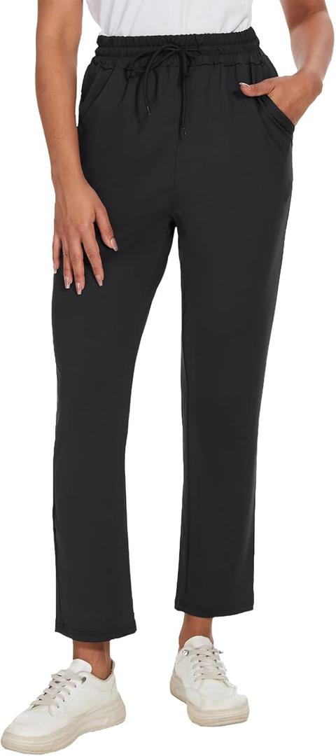 BATHRINS Women's Lightweight 7/8 Golf Pants 4-Way Stretch Ankle Sweatpants with Deep Pockets for Workout,Casual,Work Black, Small