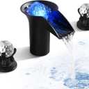 SKOWLL Waterfall Bathroom Faucet, Sink Faucet Bathroom 3 Hole Black and Crystal Faucet with LED Light Deck Mount 2 Handle