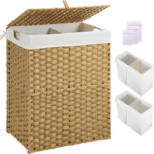 Greenstell Laundry Hamper No Install Needed, Divided Clothes Hamper with 2 Removable Liner Bags, 90L Handwoven Synthetic Rattan Laundry Basket with Lid and Handles, Foldable Natural