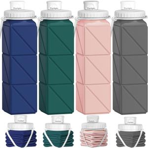 Popdigito 4pack Collapsible Water Bottles, 20.6oz Foldable Water Bottle BPA Free Reusable Lightweight LeakProof Travel Silicone Water Bottles for Travel, Gym, Hiking, Office, Camping, Sports Portable (Light Pink+Dark Blue+Dark Grey+Dark Green)