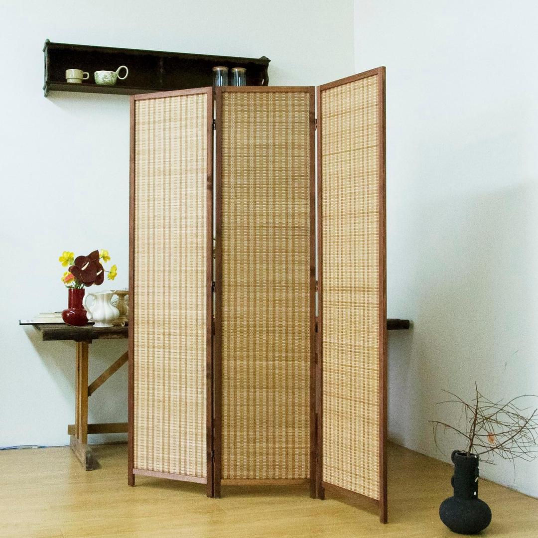 3-Panel Bamboo Room Divider - 5.6 ft Tall Brown Folding Privacy Screen, Double-Sided Freestanding Partition Wall with Natural Wood Frame for Home Office & Corner Privacy