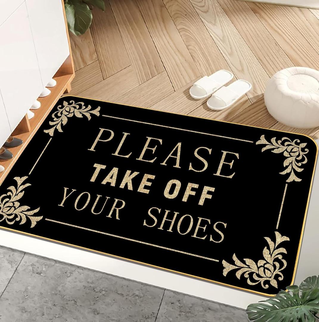AUSTAB Funny Welcome Mats Please Take Off Your Shoes Mat for Entrance Indoor and Outdoor Personalized Mats Anti-Slip Novelty Gift Mat 17 x 29 Inch (Black)