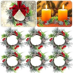 7 Pcs Christmas Candle Rings Wreaths, 7 Inch Candle Wreath with Artificial Red Berries and Cedar, Christmas Candle Holder Indoor Decor for Home Kitchen Cabinets Centerpieces for Tables