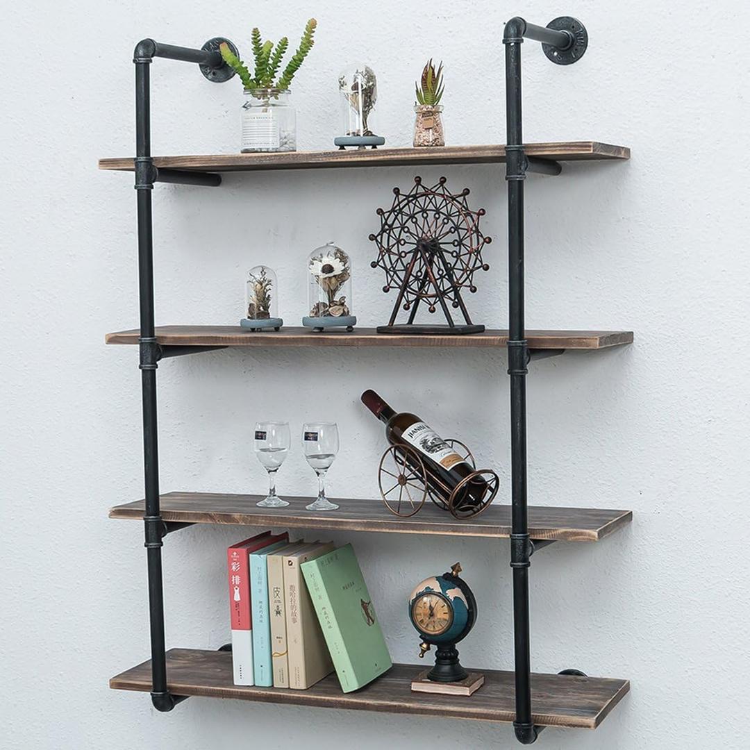 Industrial Pipe Shelving Wall Mounted, 36in Rustic Metal Floating Shelves, Steampunk Real Wood Book Shelves, Wall Shelf Unit Bookshelf Hanging Wall Shelves, Farmhouse Kitchen Bar Shelving (4 Tier)