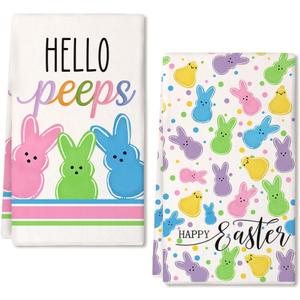 Colorful Bunny Happy Easter Kitchen Towels Set of 2,Hello Peeps Rabbits Dish Hand Towels Farmhouse Indoor Outdoor Holiday Seasonal Decorations DD079 (Yellow)