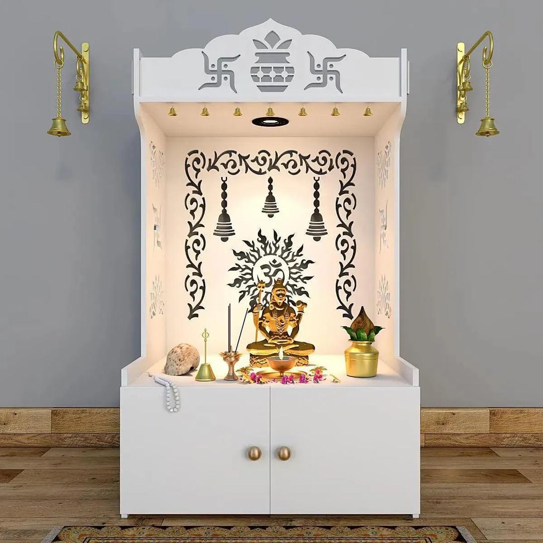 Aesthetic Wooden Temple for Home Modern Pooja Mandir with Focus Light & Shelf, DIY Installation, Large White, 109 cm