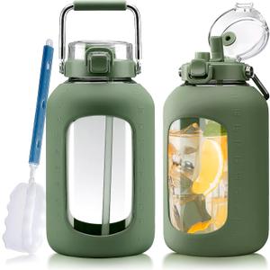 WINSA Large Glass Water Bottles with Stainless Steel Handle,100 oz Gallon Drinking Bottle with 2-in-1 Straw Lid,3 Liter Glass Water Jug with Silicone Sleeve,Wide Mouth,Olive