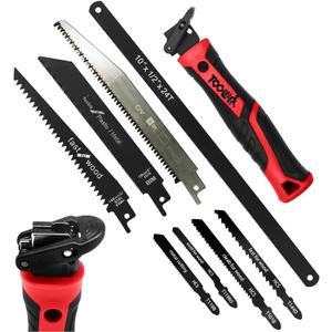 8-In-1 Multi Blades Hand Saw, Drywall Cutter. Hacksaw. Long Blade, Jab Saw, For Cutting Drywall, Sheetrock, Wood, Metel, Plastic, Plywood. Blade Quick Change Mechanism. Red Handle.