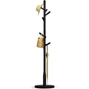 Solid Wood Round Base Coat Rack, Free Standing Hall Coat Tree with 8 Hooks+2 spare for Coats, Hats, Bags, Purses, for Entryway, Hallway, Rubberwood Hooks,Base and Pole(Round Base,Black)