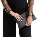 Xiczvak 2026 Women's Dressy Jumpsuits One Piece Sexy Elegant Flower Embroidery Cutout Mesh Long Sleeve Casual Formal Wide Leg Pants Rompers with Belt for Spring Fall Outfits Clothing Blackgold L