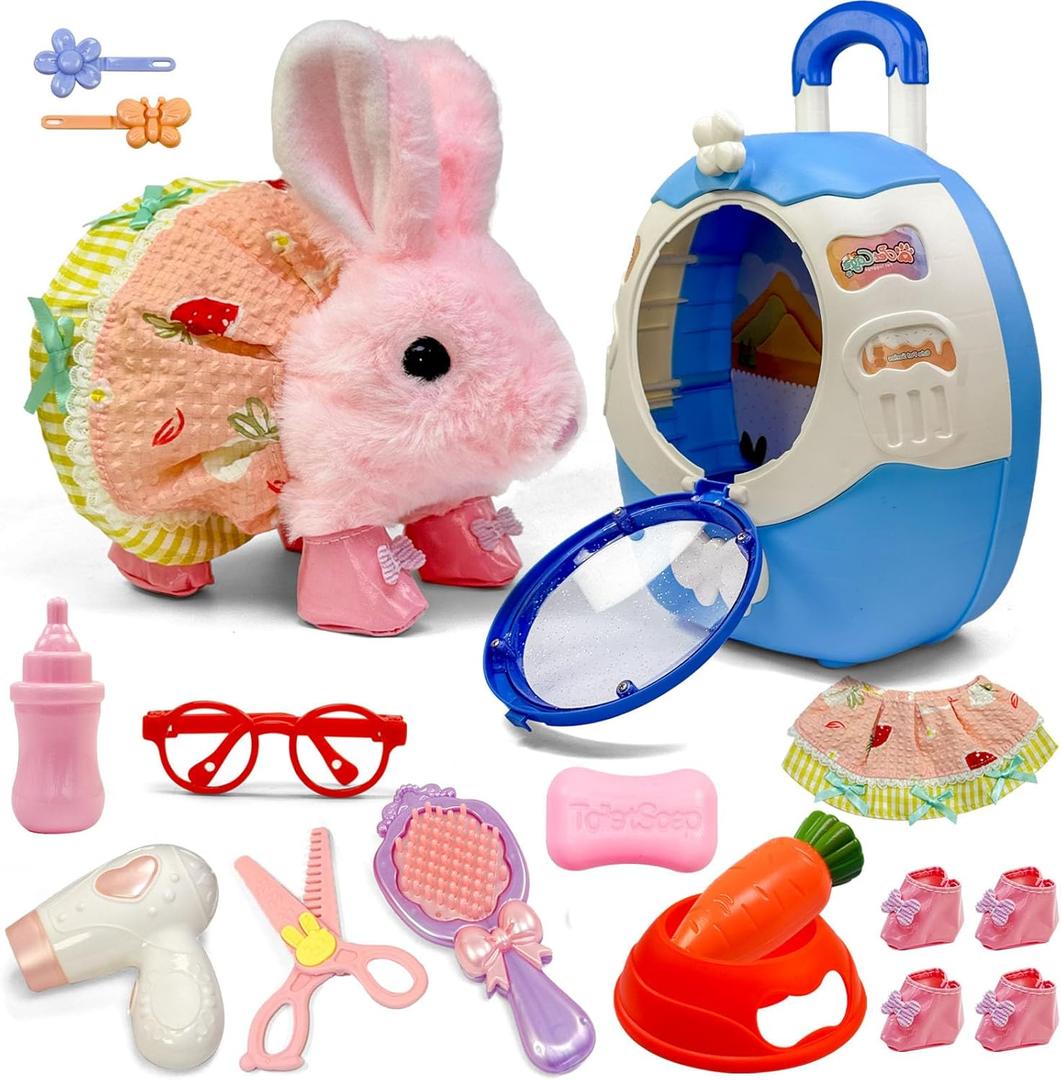 14Pcs Hopping Bunny Toy, Walking & Talking Rabbit in Suitcase Animated Stuffed Animal with Removable Clothes & Accessories, Pretend Play Pet Set, Easter Gift for Girls 3-6
