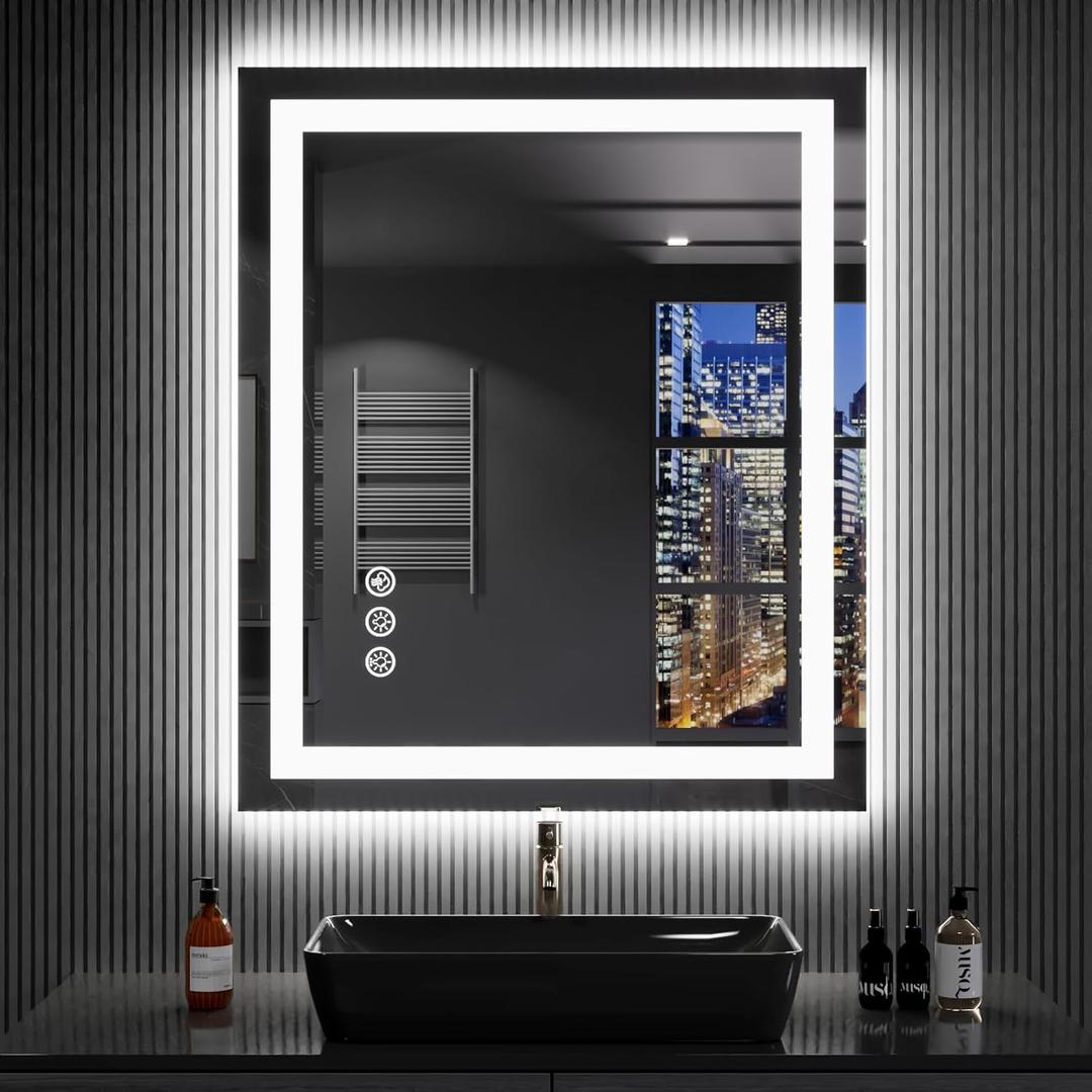 LOAAO 30"X36" LED Bathroom Mirror with Lights, Anti-Fog, Dimmable, RGB Backlit + Front Lighted, Bathroom Vanity Mirror for Wall, Memory Function, Waterproof, Tempered Glass
