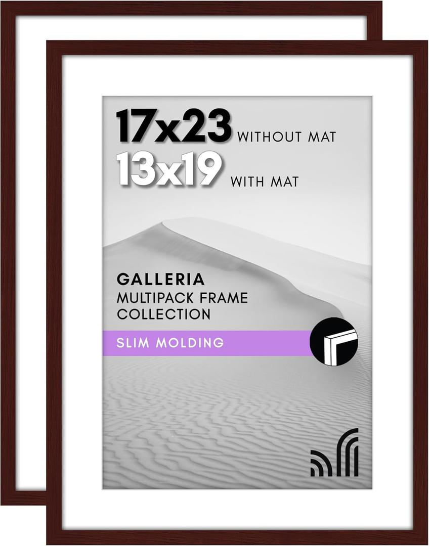 Americanflat 17x23 Picture Frame with Polished Plexiglass - Set of 2 - Use as 13x19 Frame with Mat or Display 17x23 Photo Without Mat - Galleria Collection - Picture Frames for Wall Display - Mahogany