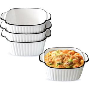15oz Small Baking Dish 4 Pack Square Ceramic Baking Dishs with Handles,Individual Ceramic Bakeware for Oven, Microwave & Dishwasher Safe