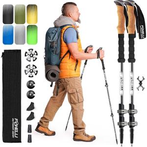 Foxelli Trekking Poles Lightweight Collapsible Aircraft Grade Aluminum Hiking Poles with Cork Grips Quick Locks & All-Terrain Accessories Pair of 2
