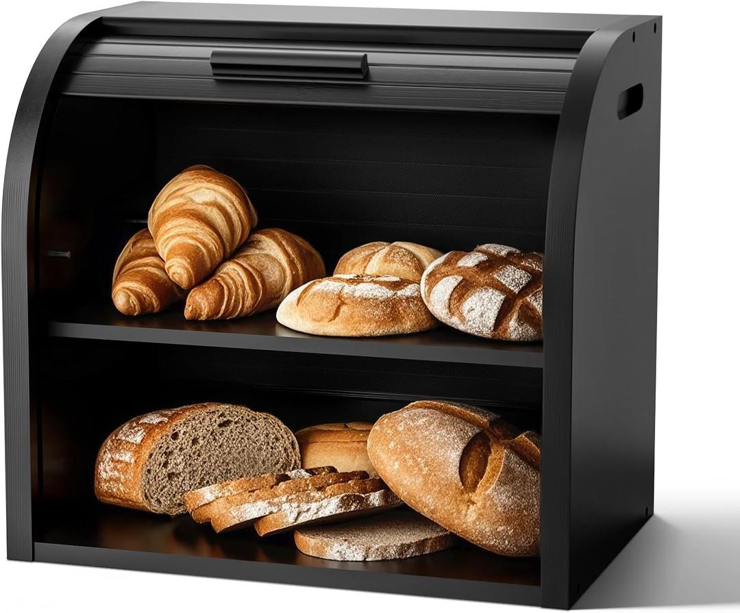 G.a HOMEFAVOR Bread Box: Large 2-Tier Bamboo Roll Top Bread Storage Container for Kitchen Counter, Bread Holder Food Bin for Countertop, Self-Assembly, Black