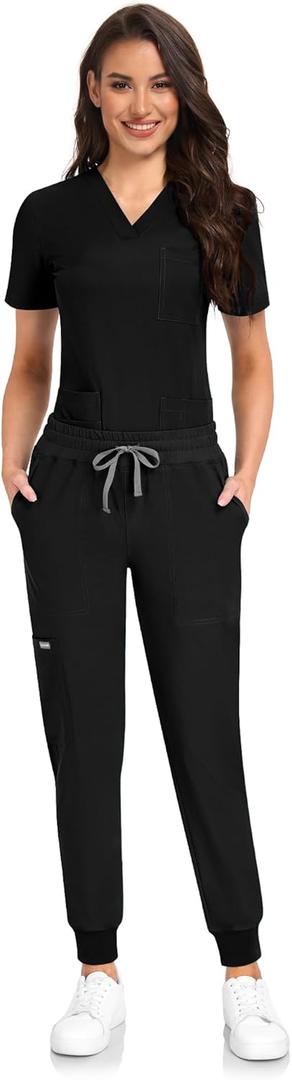COMENII Scrubs for Women Set, V-Neck Scrub Top & Jogger Scrub Pants for Women with 11 Pockets, Comfortable Womens Scrubs (XXL, Black)