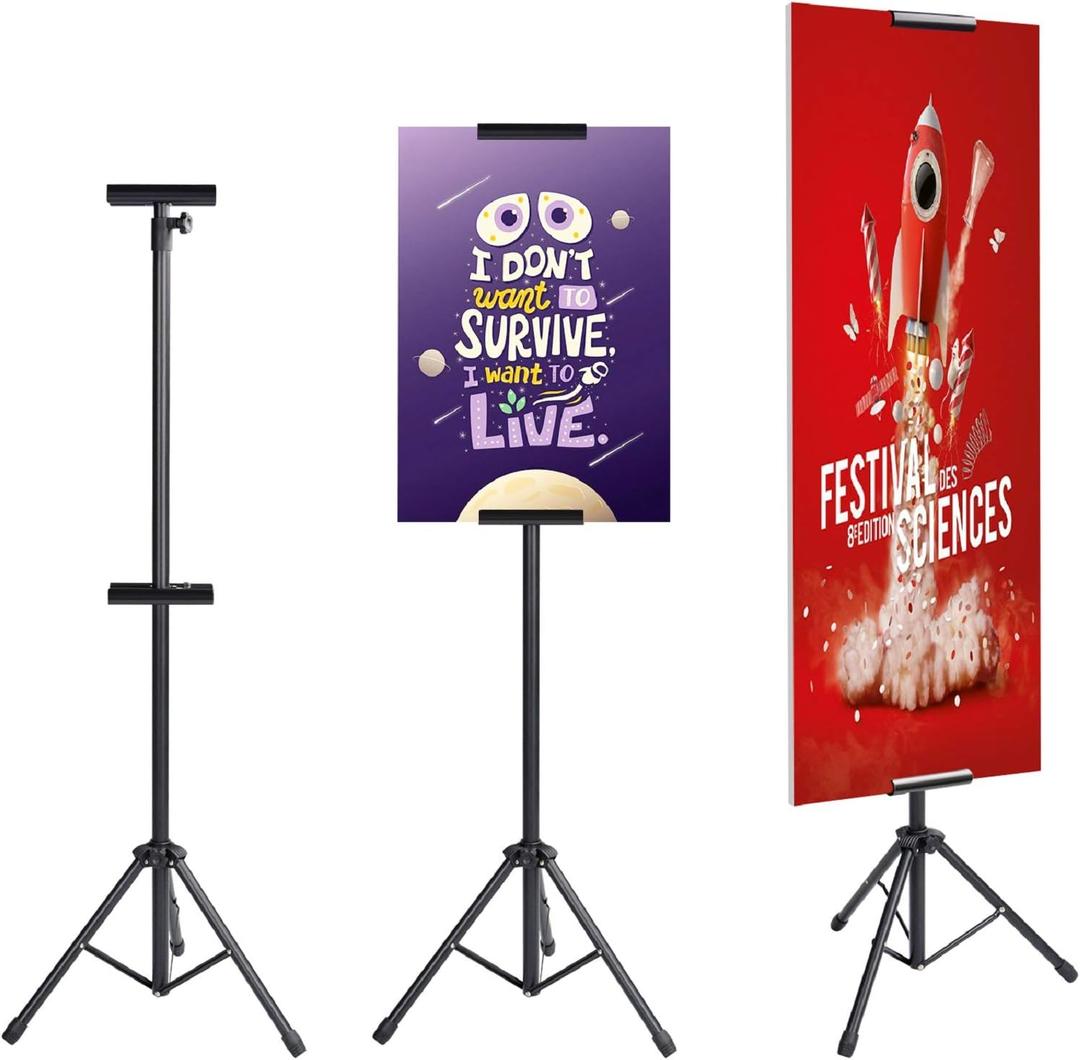 AKTOP Heavy Duty Tripod Banner Stand, Adjustable Poster Stand Retractable Height Up to 79.9 inches, Double-Sided Floor Standing Sign Holder for Board Sign Display