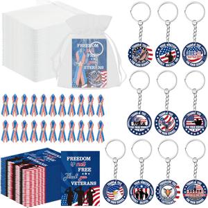 Veterans Day Gifts Set - 200P American Flag Satin Awareness Patriotic Ribbon Pins Veterans Day USA Keychain with Inspirational Card Star Patch Organza Bag Appreciation Retirement Party Supplies