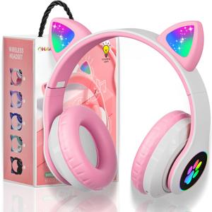 Bluetooth Noise Cancelling Headphones for Kids,Foldable Cat Headphone with LED Light Up Ear,Cat Ear Headphones for Toddler with Microphone/TF Card,Kids Bluetooth Earphones for ipad