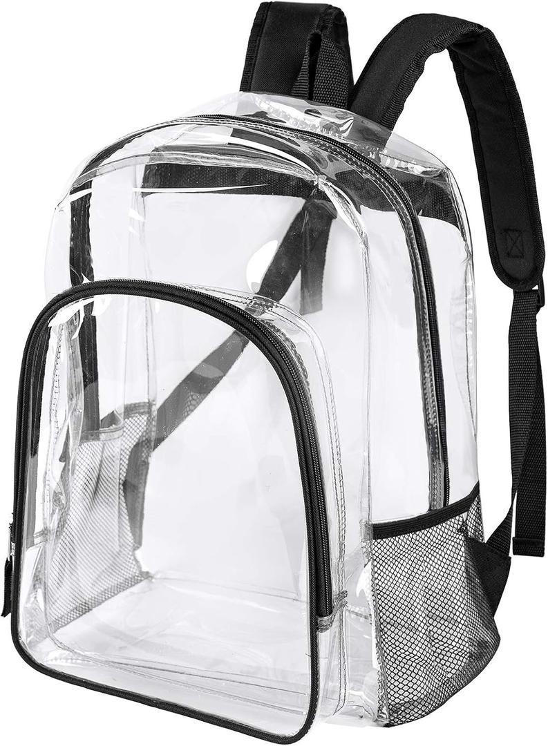 Clear Backpack Heavy Duty - 16x12x6 in Large Transparent Backpacks for School, College, Work - See Through PVC Plastic Bookbag for Girls Boys (Black)