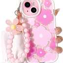 NITITOP Compatible for iPhone 15 Case Clear Cute Flower Floral Bear for Girls Women Pattern with Chain Lanyard Wrist Strap Soft TPU Shockproof Protective Girly for iPhone 15-Bear Pink