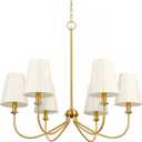 Gold Chandelier, Brushed Brass with Beige Fabric Shade, 6-Light 28" Modern Farmhouse Linear Pendant Lighting Fixture for Kitchen Island